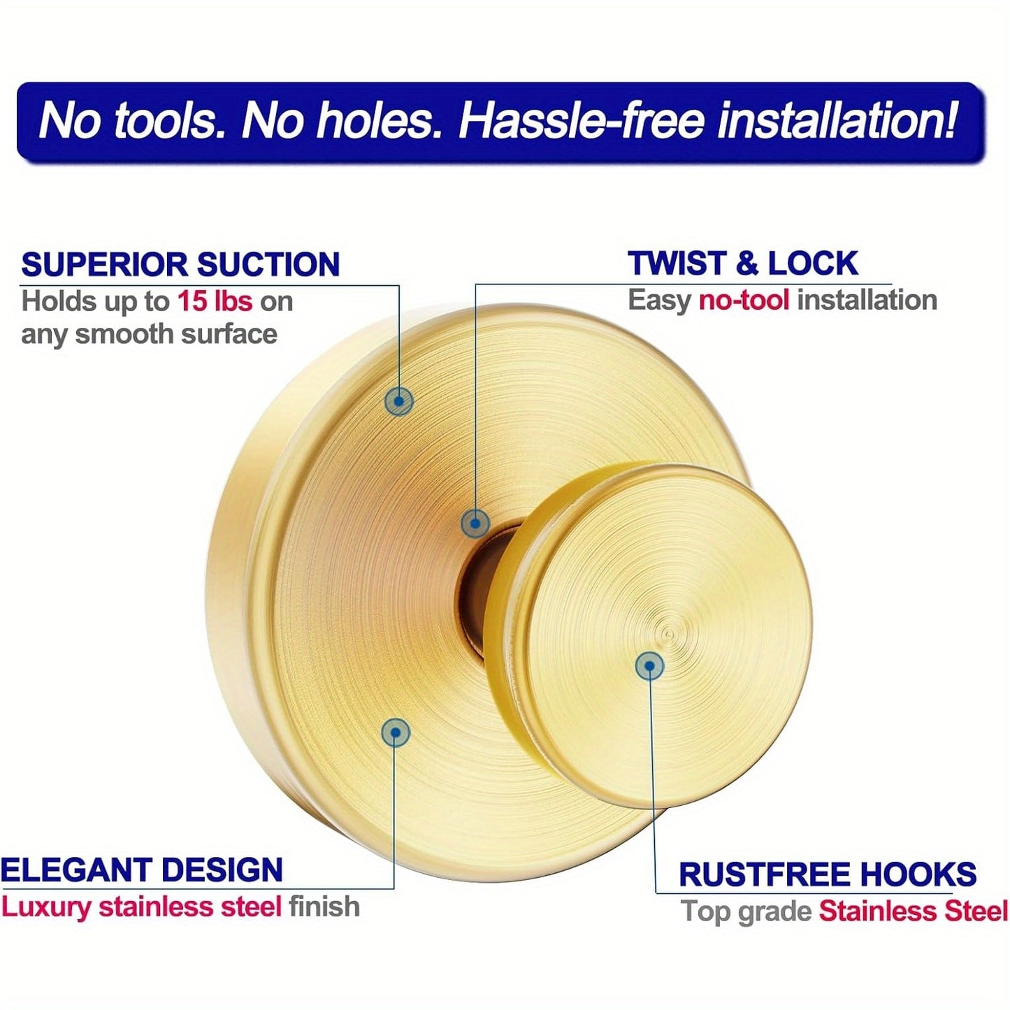 4pcs Golden Suction Cup Hooks for Shower – Easy Install Removable Towel and Robe Hooks for Bathroom Glass, Walls, and Smooth Surfaces – Stylish Metal Design with Textured Grip, Bathroom Accessories